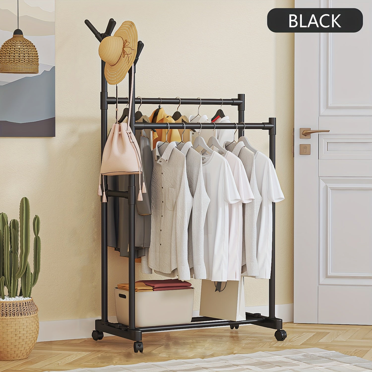 Double Pole Coat Rack With Pulley 2 Layer Clothes Rack Standing Coat Rack