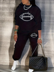 Women's Plus Rugby & Letter Print Fleece Sweatshirt & Jogger Outfit Set