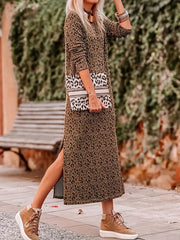  Leopard Print Long Sleeve Maxi Dress