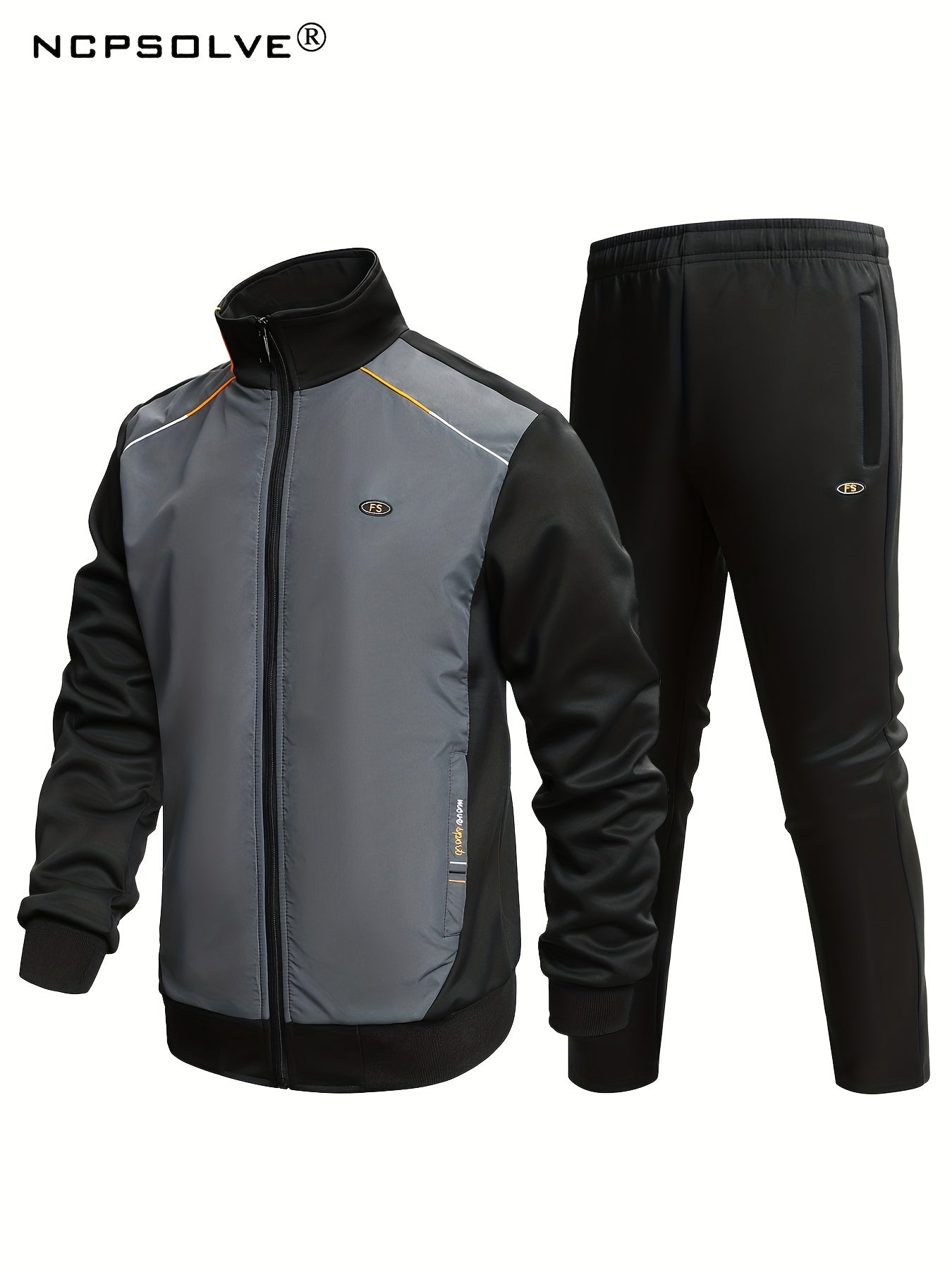 Men's Sports Suit Block Stand Collar Zip Up Jacket & Elastic Waist Pants