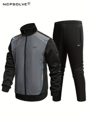 Men's Sports Suit Block Stand Collar Zip Up Jacket & Elastic Waist Pants