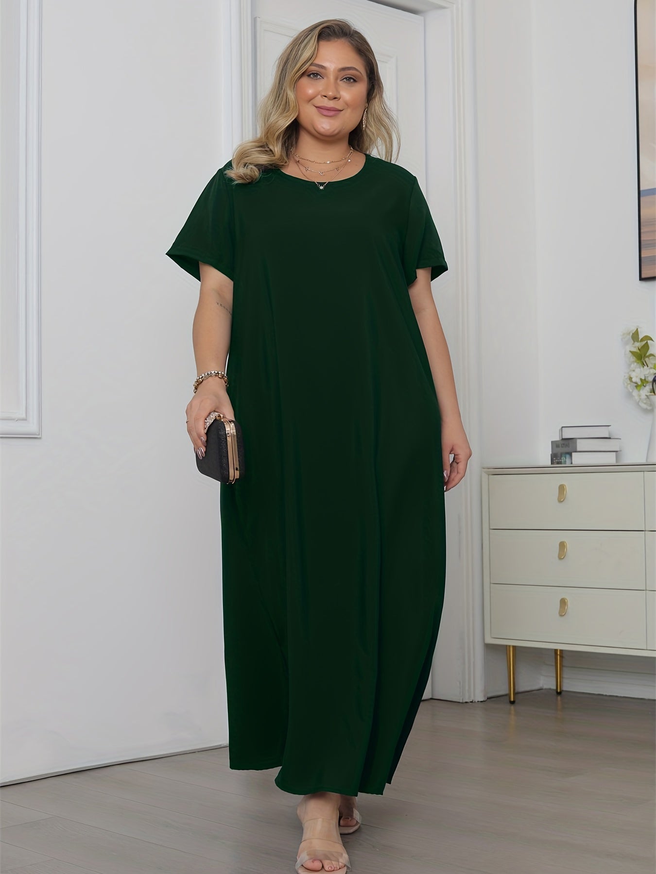  Solid Short Sleeve Maxi Dress