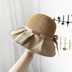 Bowknot Stitching Bucket Hat Foldable Wide Brim Crochet Sun Hat