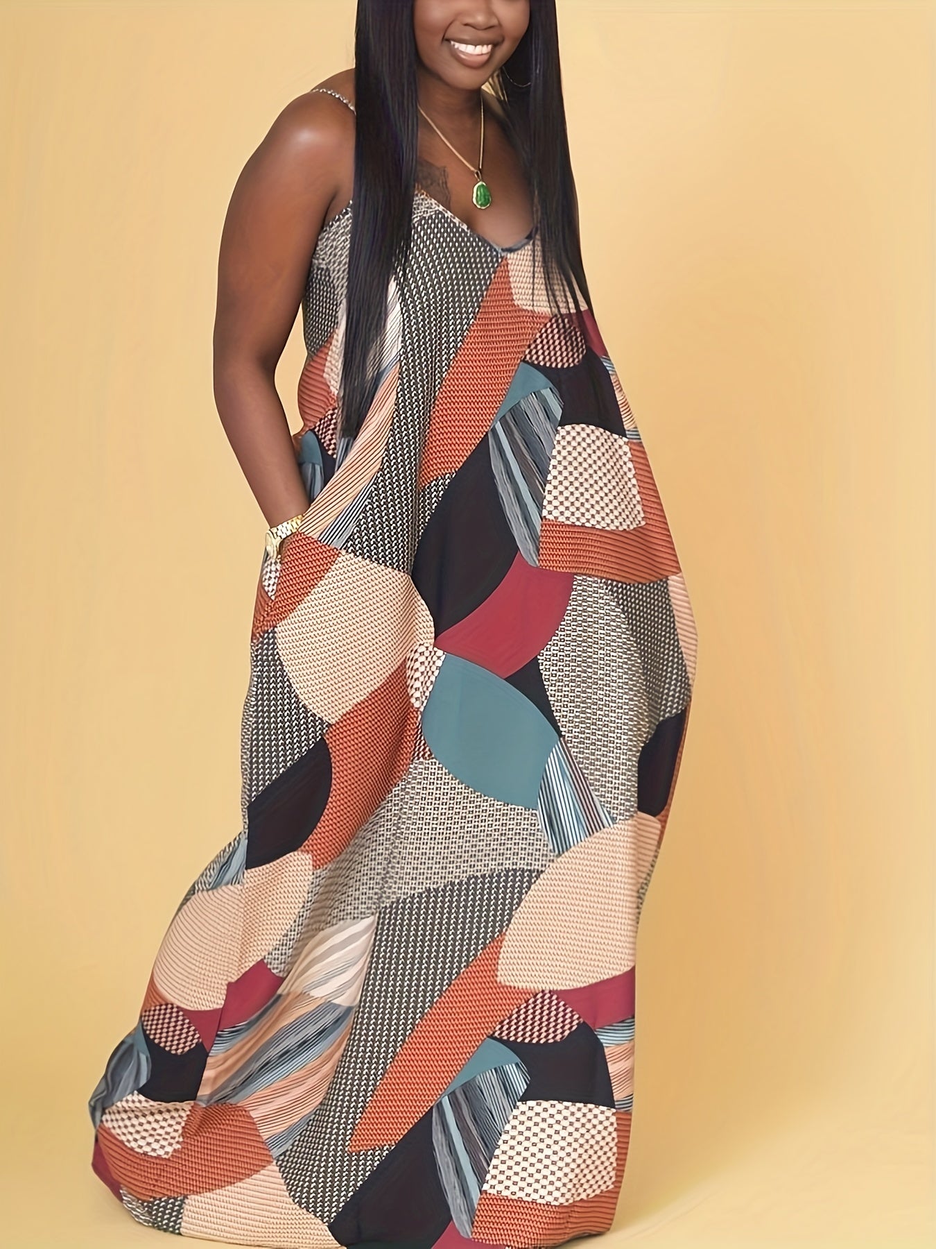Colorblock Polka Dot Maxi Dress with Pocket Plus Size