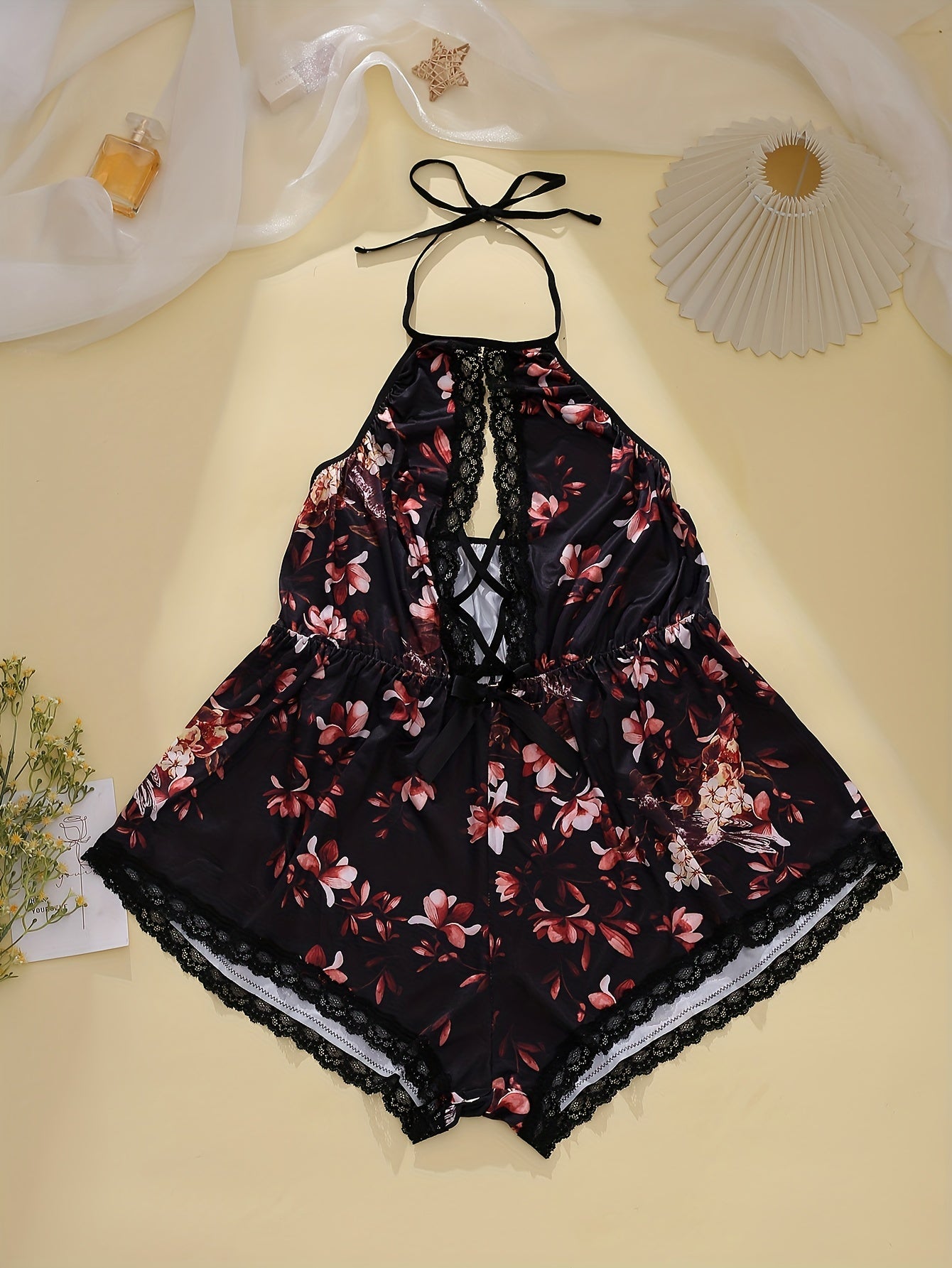  Floral Lace Trim Halter Bodysuit