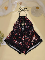  Floral Lace Trim Halter Bodysuit