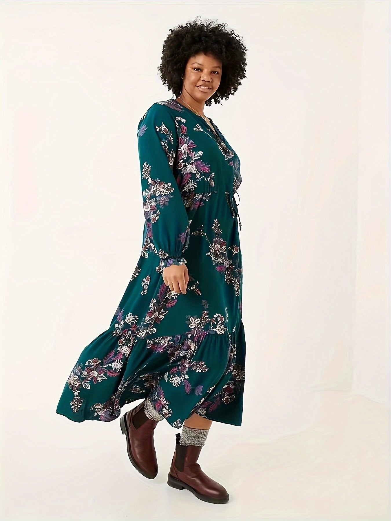  Floral Print Flounce Sleeve Tie Front V Neck Smock Dress