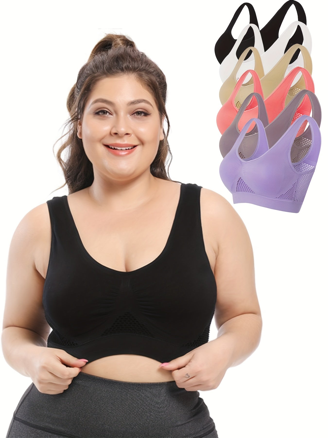 6 Pack Plus Size Sports Bra Set Women's Plus Solid Hollow Out Wireless