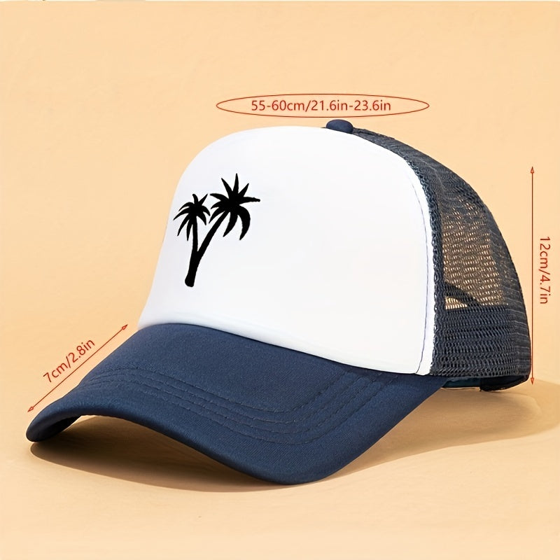 Coconut Tree Print Trucker Hat Mesh Block Baseball Cap Lightweight