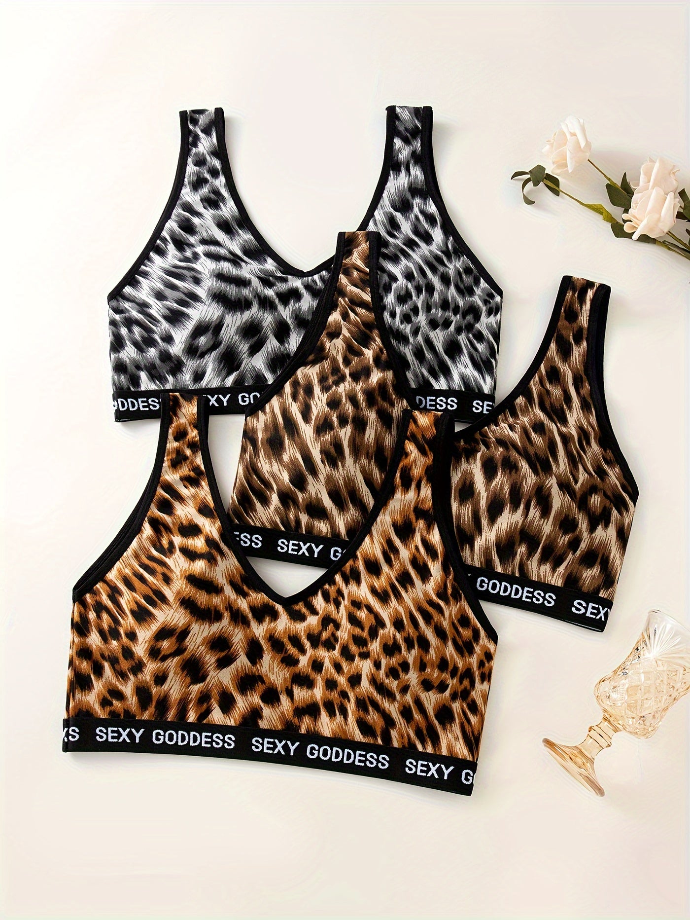 3pcs Leopard Wireless Bras Comfy Letter Print Bra Women's Lingerie