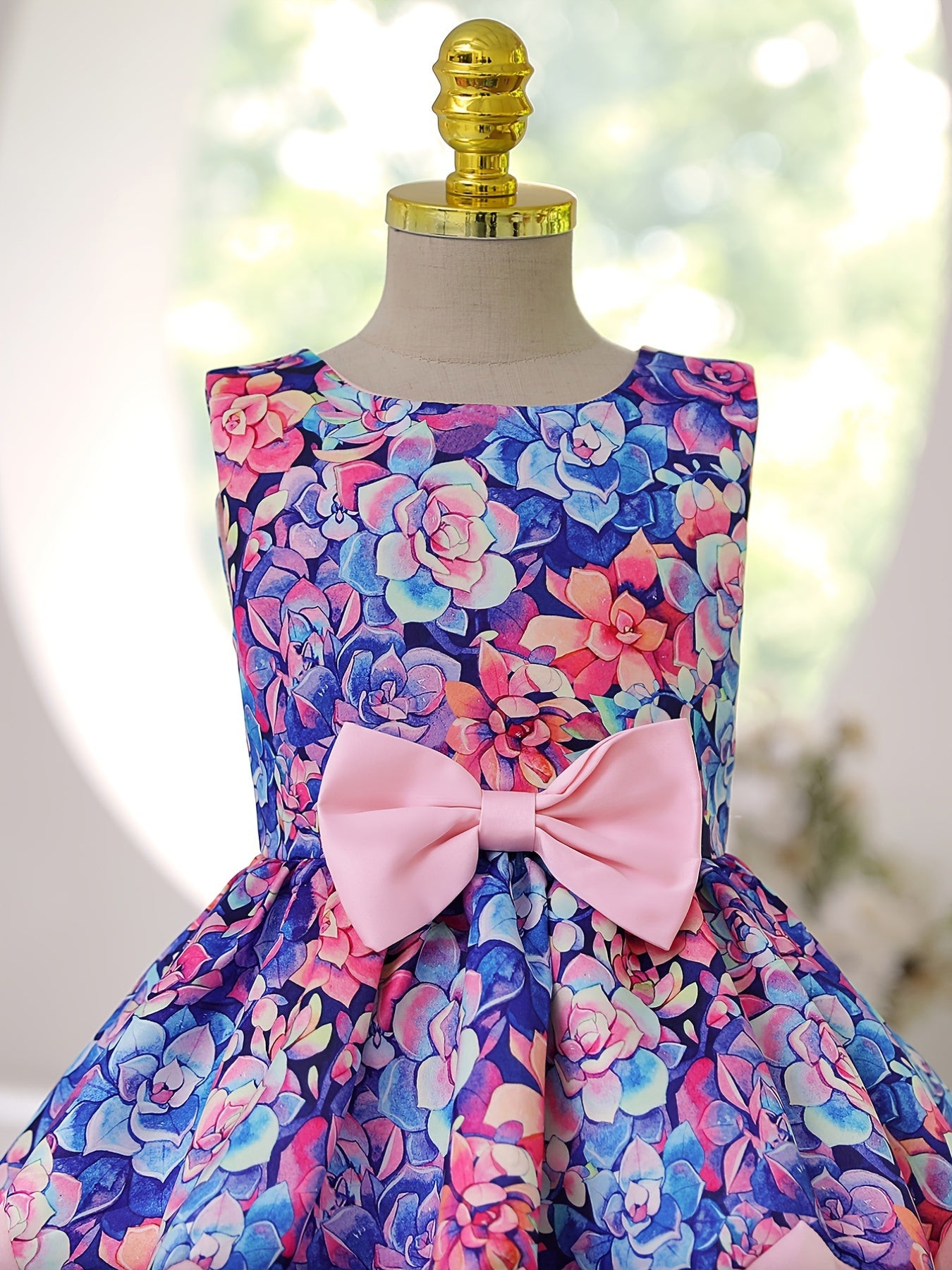 Girls Elegant Floral Print Sleeveless Dress with Bow