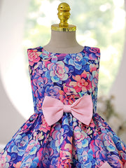 Girls Elegant Floral Print Sleeveless Dress with Bow