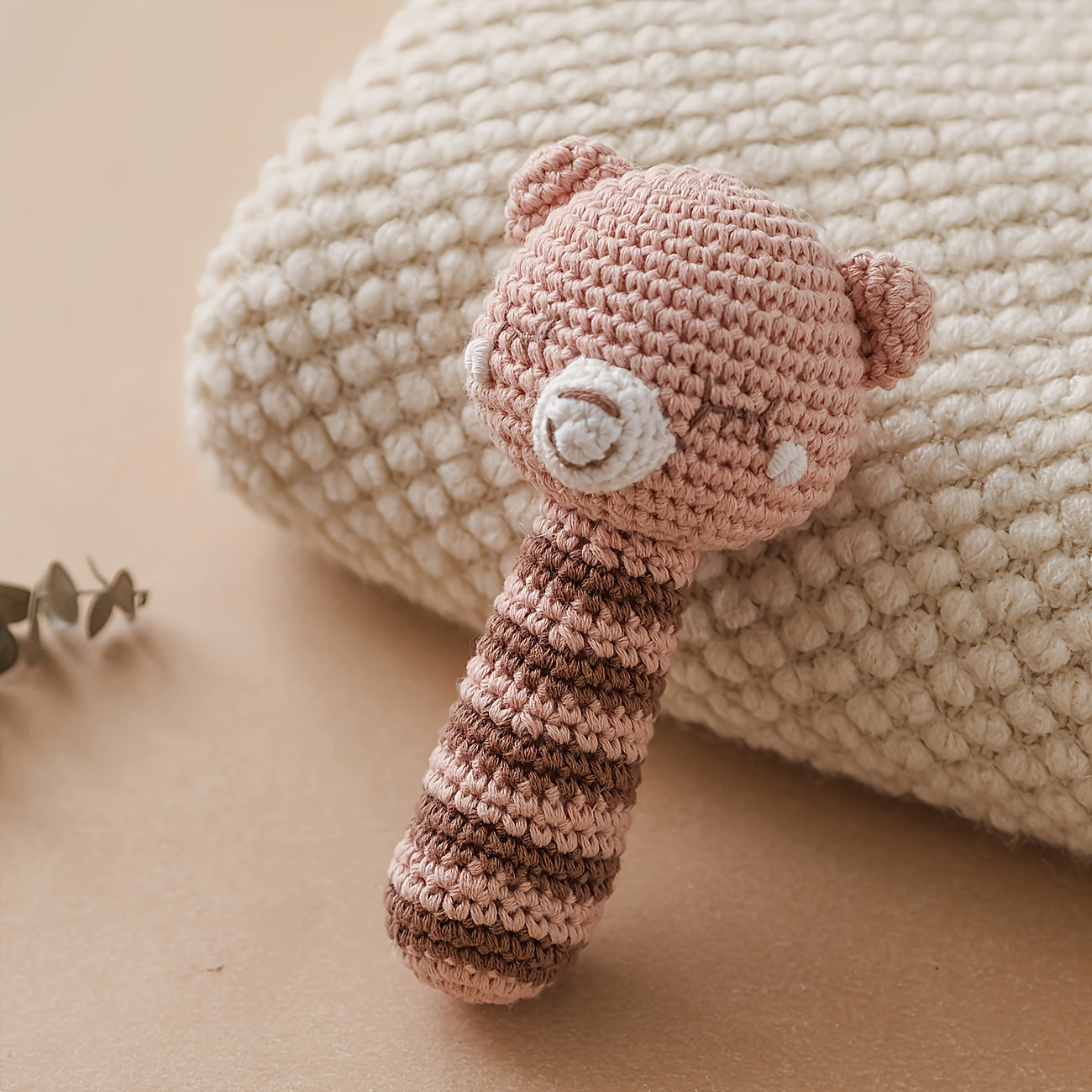 Crochet Bear Rattle Teether Toy Knitted Brown Animal Doll Built in Bell