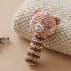 Crochet Bear Rattle Teether Toy Knitted Brown Animal Doll Built in Bell