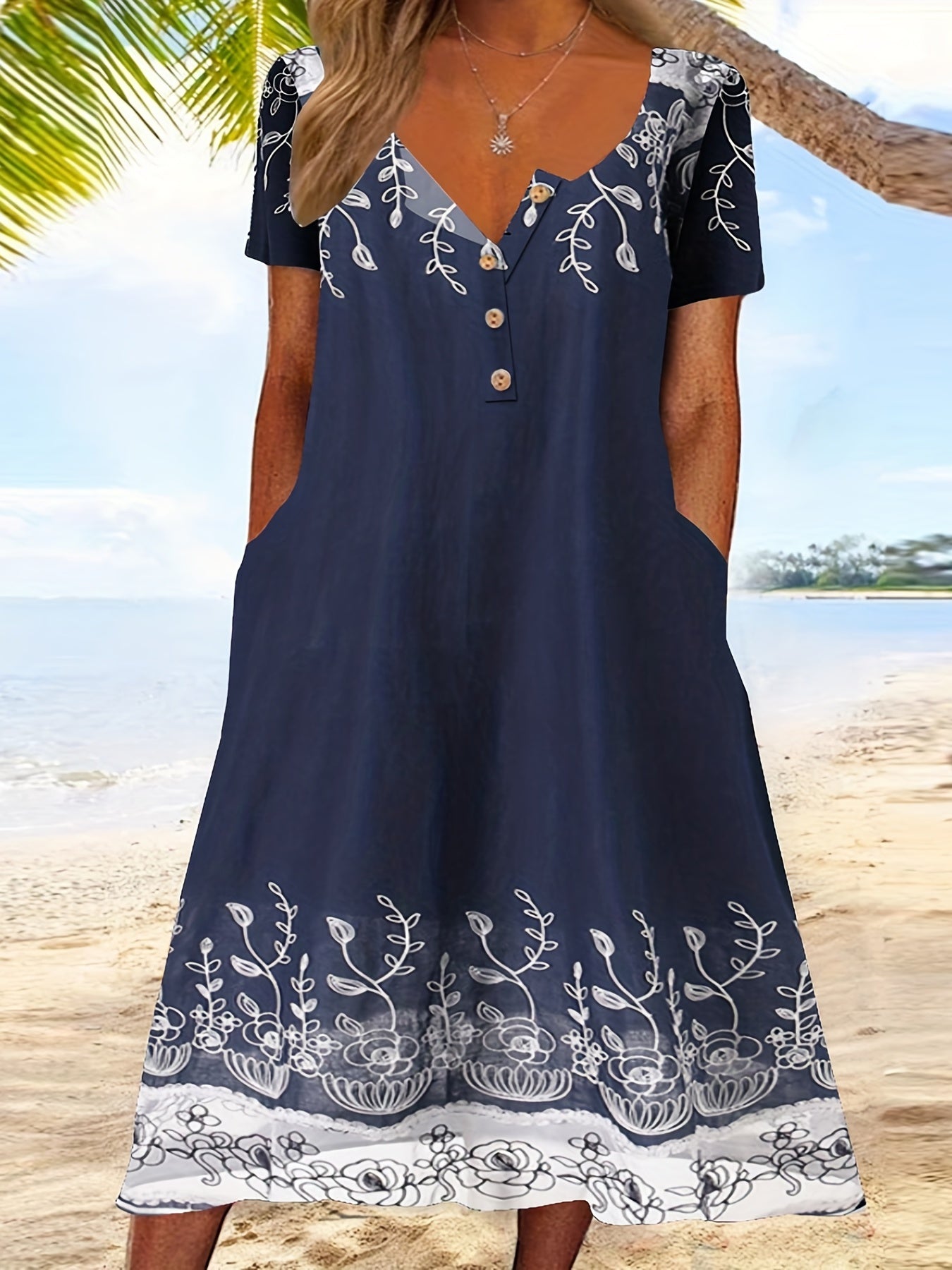 Women's Plus Floral Print Short Sleeve Dress With Pockets