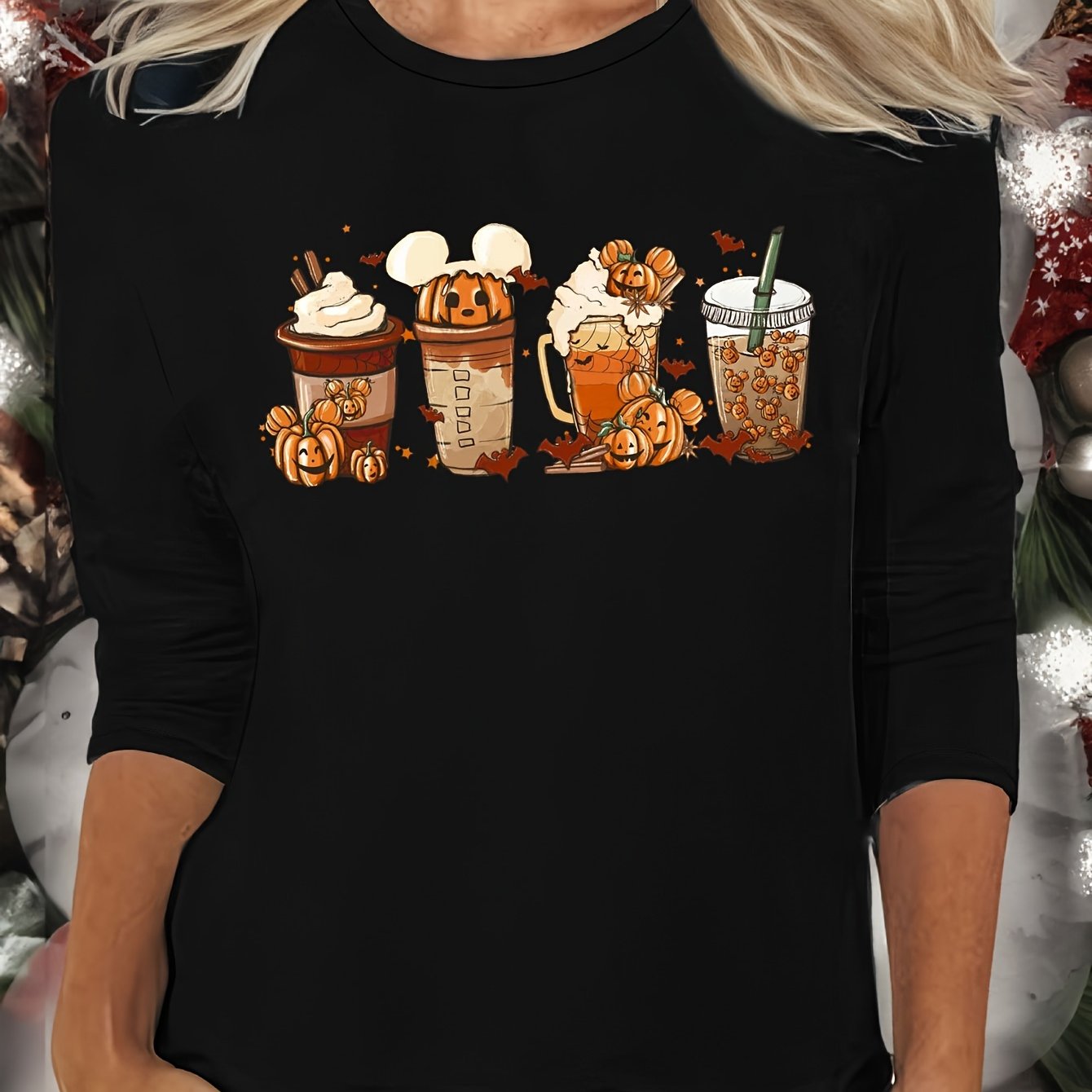 Thanksgiving Pumpkin Print Lounge Top Long Sleeve Crew Neck Women's Loungewear