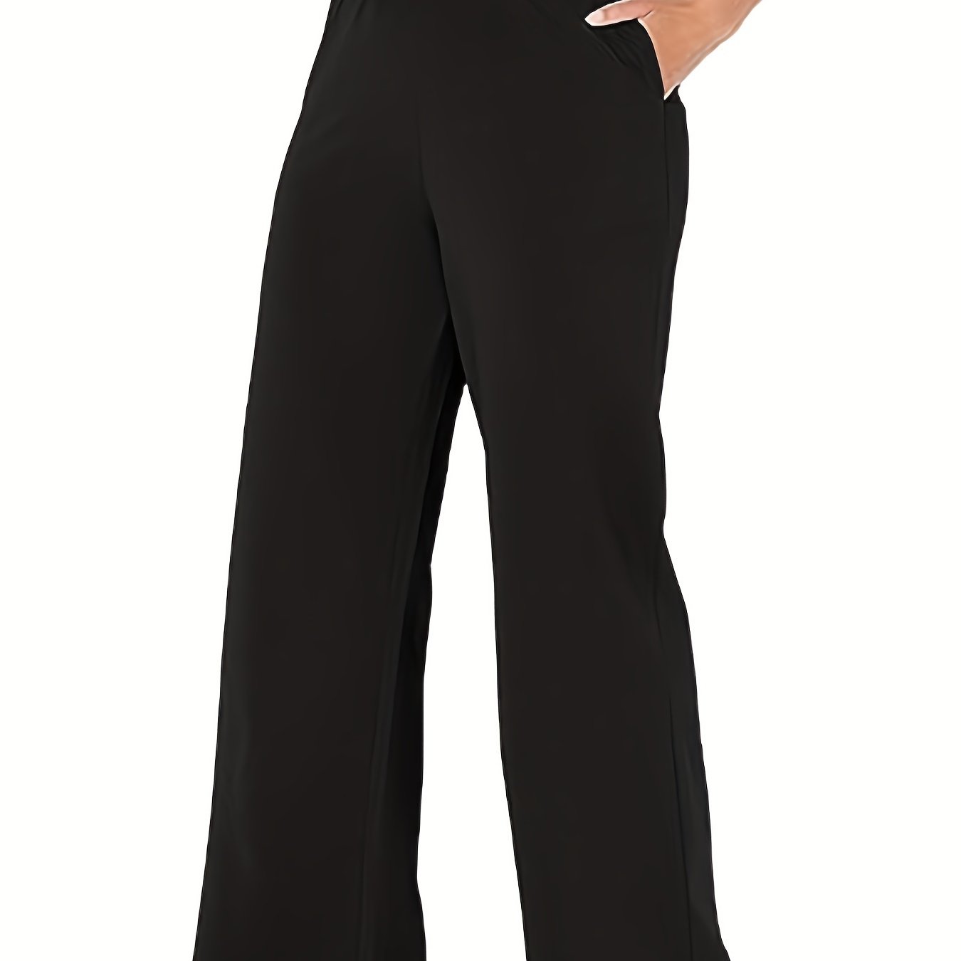  Solid Straight Wide Leg Stretch Loose Trousers With Pockets
