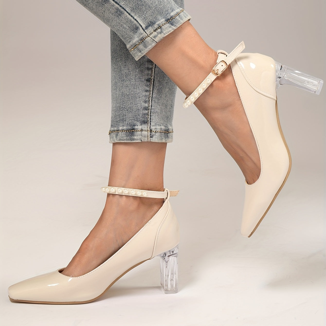 Women's Ankle Strap Faux Pearl High Heels
