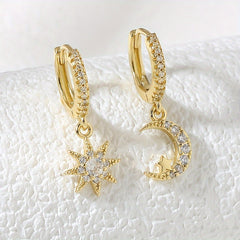Sun & Moon Zircon Drop Hoop Earrings 18K Plated Ear Jewelry Gift