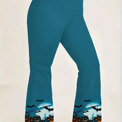 Women's Plus Funny Pumpkin & Bat Print Flare Pants