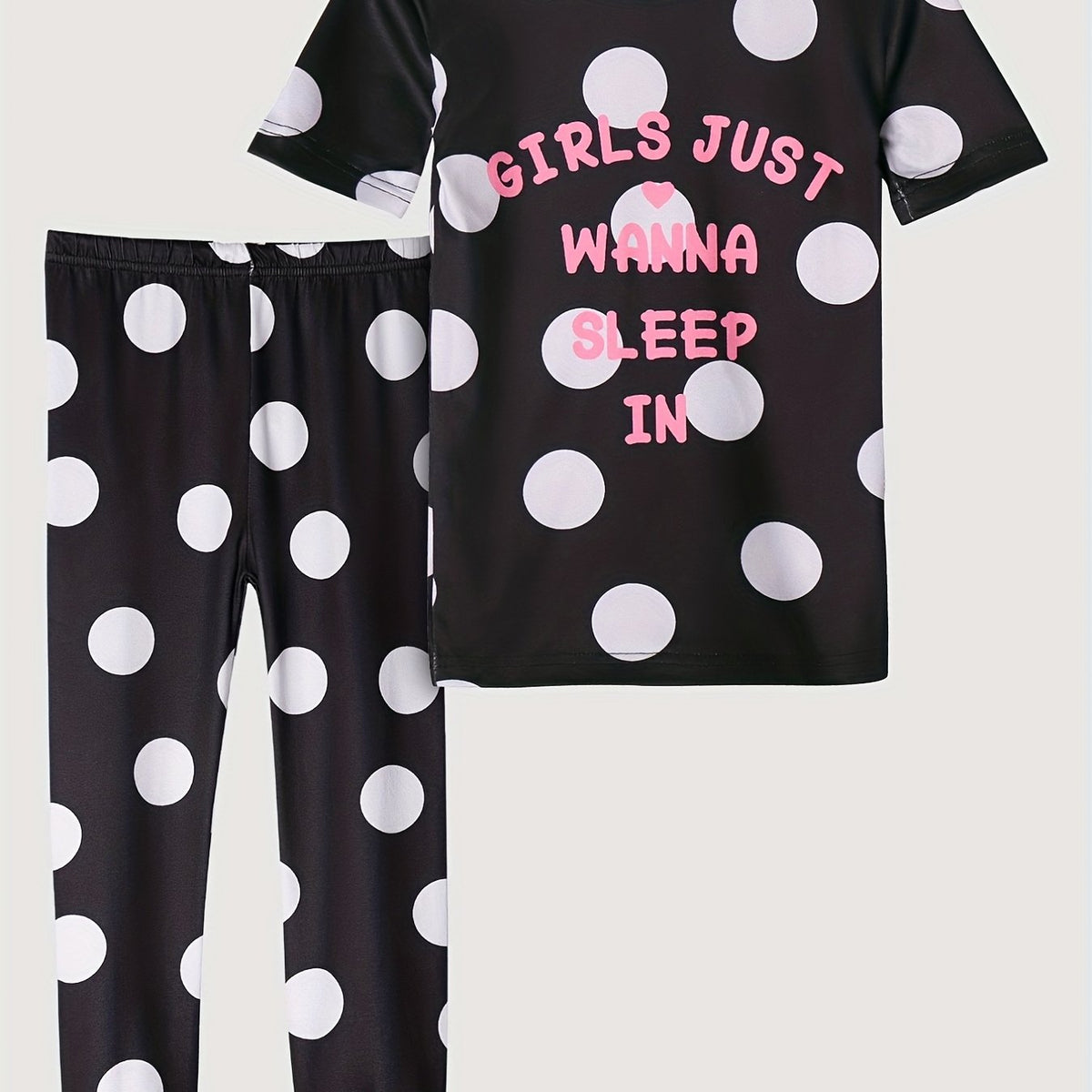 Girl's Polka Dot Pajama Set, Short Sleeve Top & Long Pants