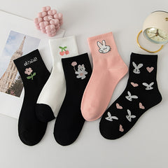 5 Pairs Bunny & Floral Print Socks Mid Tube Socks Women's Stockings