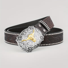 Cattle Head Pattern Western Cowboy Leather Belt