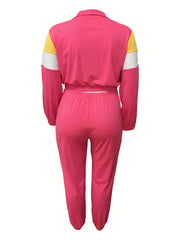  Colorblock Zipper Crop Coat & Jogger Pants Set