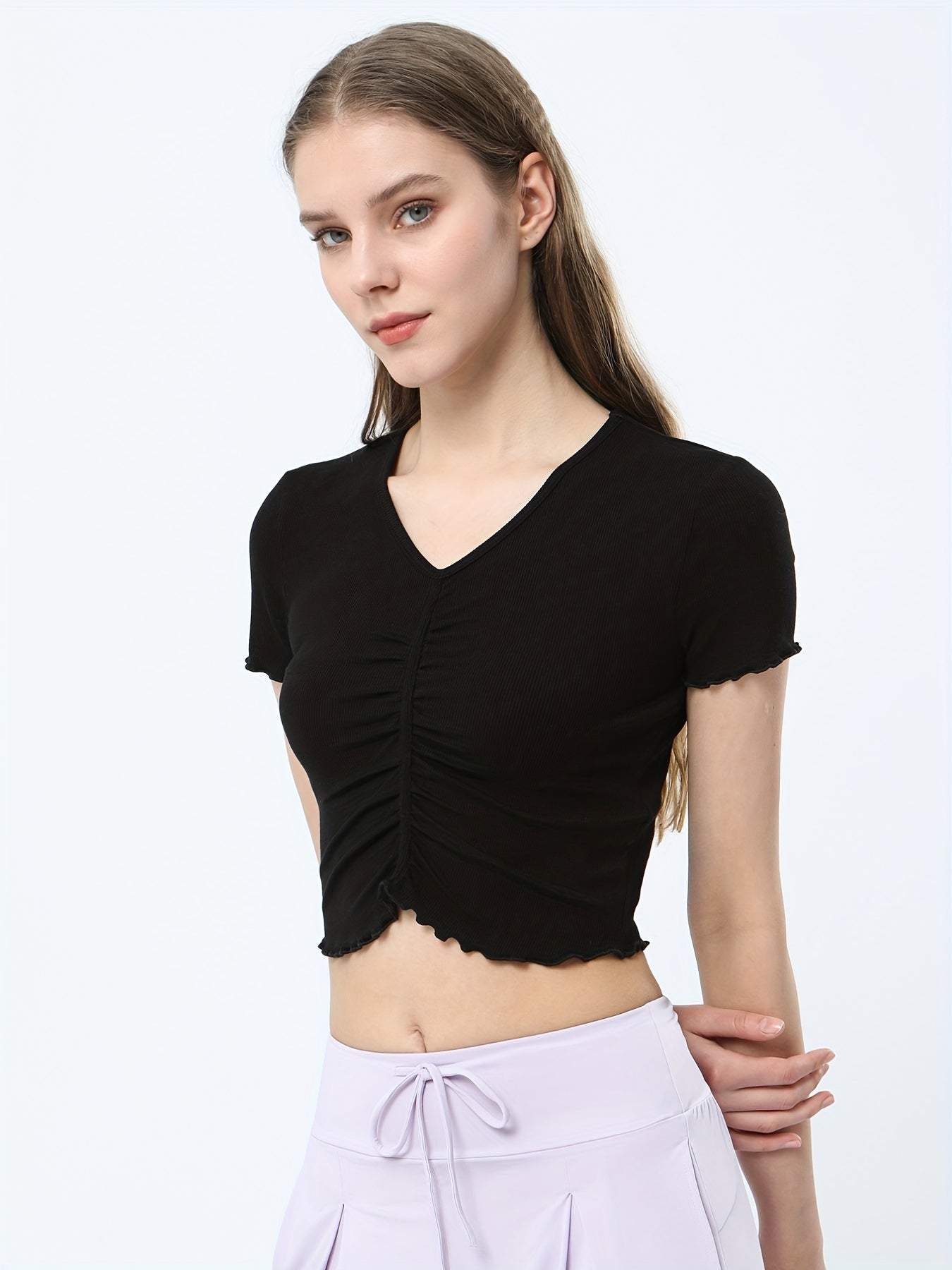 Elastic Soft Yoga Pleated Shirt V Neck Crop Top