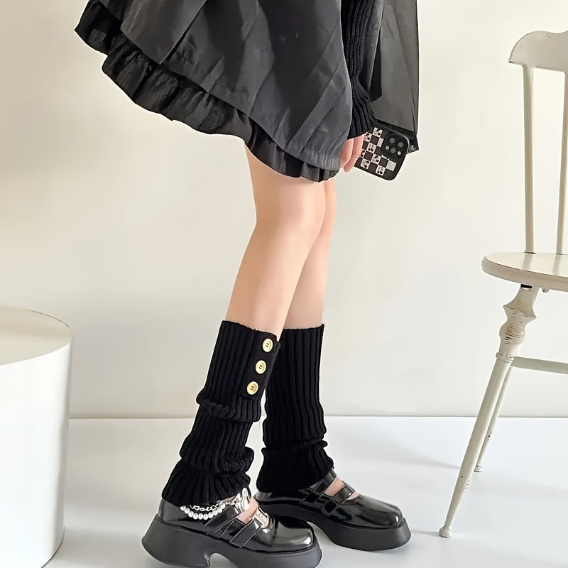 Ribbed Leg Warmers Buttons Decor Socks Women's Stockings