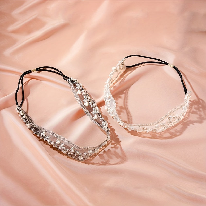 Bohemian Lace Pearl Headband Stretchy Floral Headwear