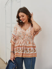  Boho Blouse Women's Floral Print V Neck Peplum Top