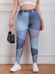  Casual Leggings Women's Plus Colorblock Denim Print