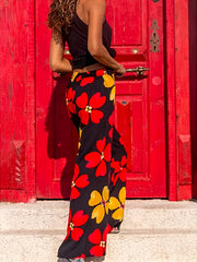 Boho Floral Print Loose Straight Pants Elastic High Waist