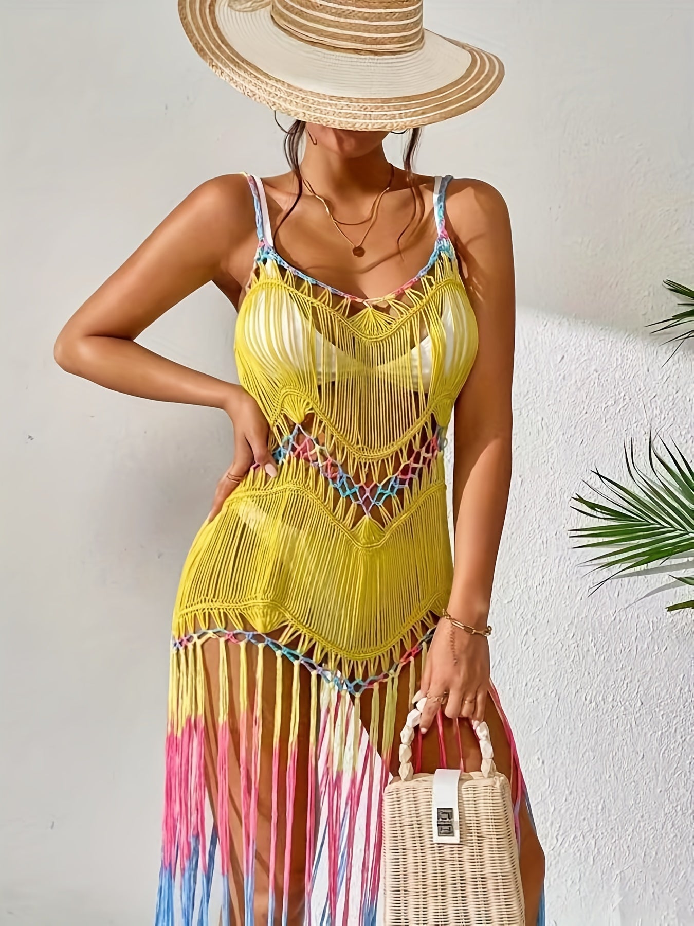 Colorful Fringe Criss Cross Crochet Cover Up Dress Scoop Neck Beach Coverup