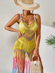 Colorful Fringe Criss Cross Crochet Cover Up Dress Scoop Neck Beach Coverup