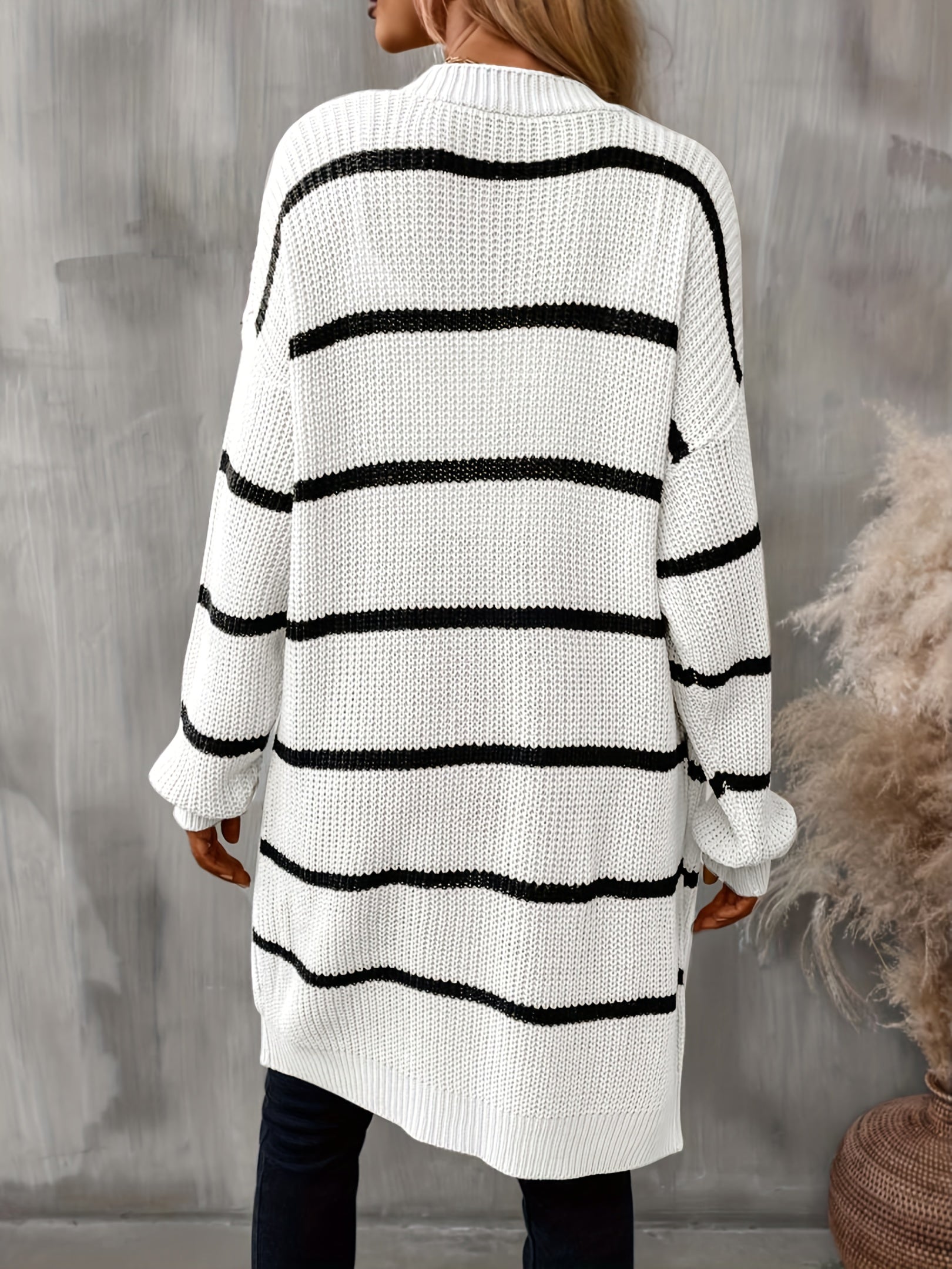 Striped Open Front Drop Shoulder Cardigan Casual Long Sleeve Cardigan