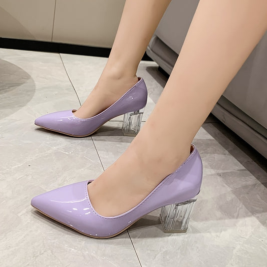 Women's Clear Chunky High Heels Patent Leather Shoes