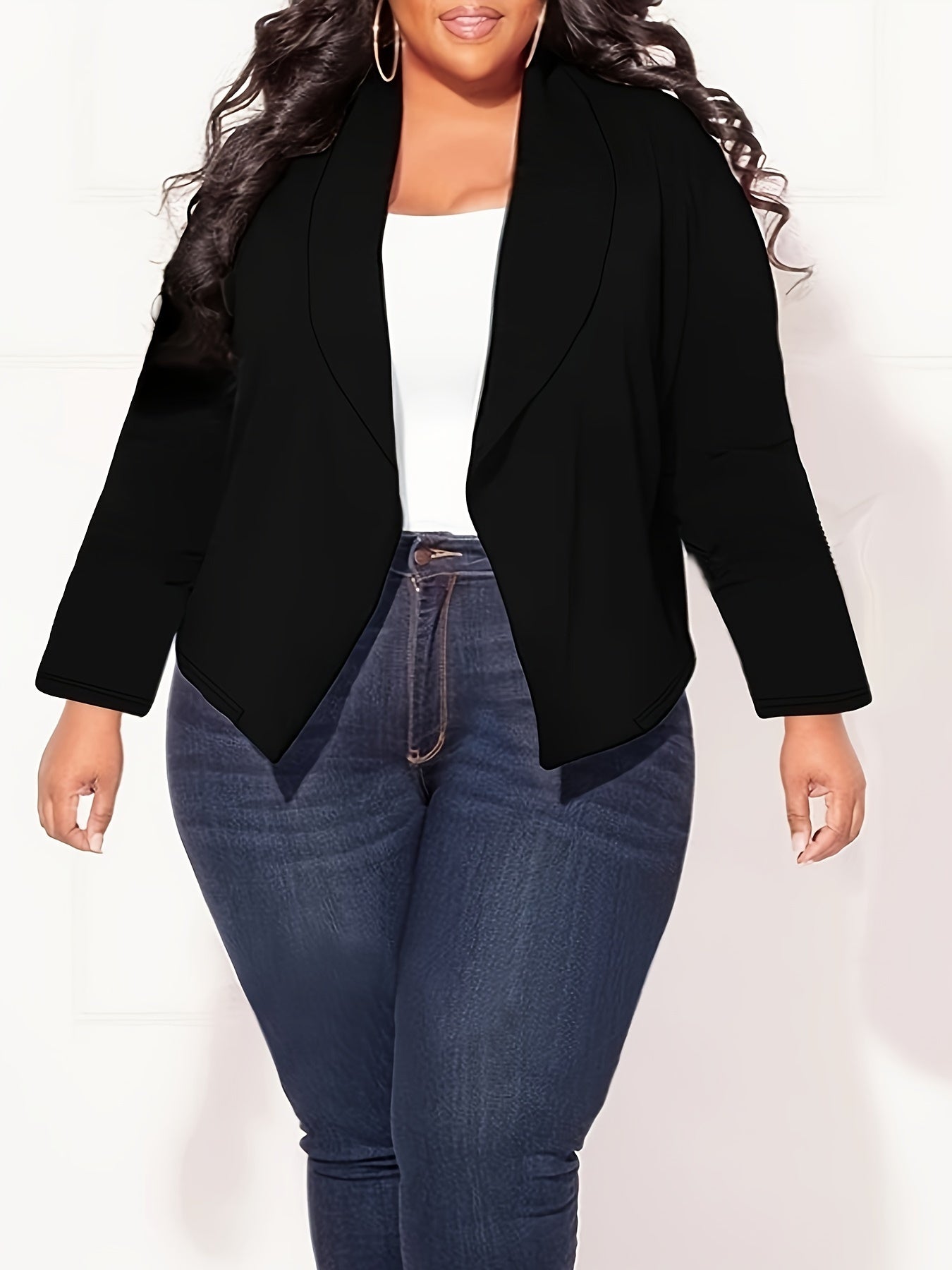  Basic Blazer Women's Plus Solid Long Sleeve Lapel Collar All match Bla