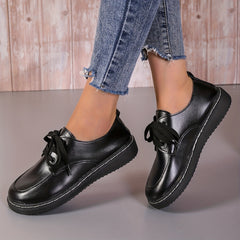 Women's Solid Flat Loafers Lace Up Low Round Toe Non slip Waterproof Shoes
