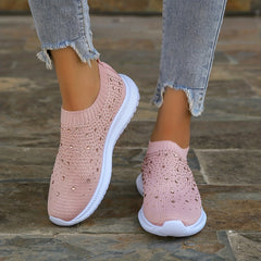 Women's Rhinestone Slip on Sneakers Breathable Low Top Shoes
