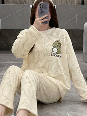 Dino Print Pajama Set Long Sleeve Top & Pants Women's Sleepwear