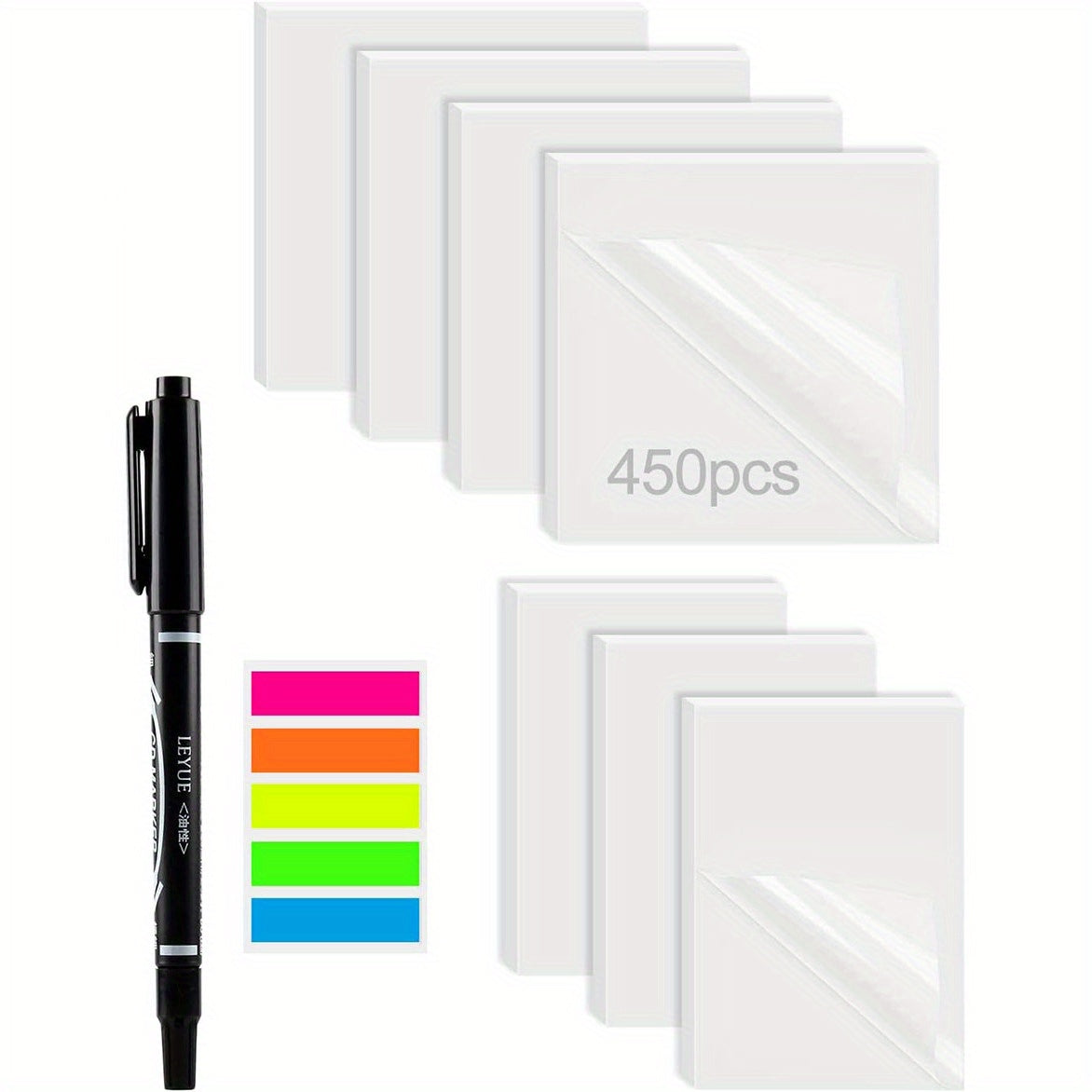450 Sheets Transparent Sticky Notes Waterproof Memo Paper 6 Colors Marker