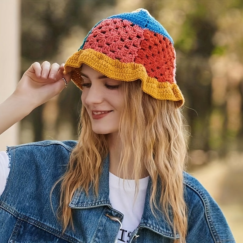 Hollow Crochet Flower Bucket Hat Block Knitted Basin Hat