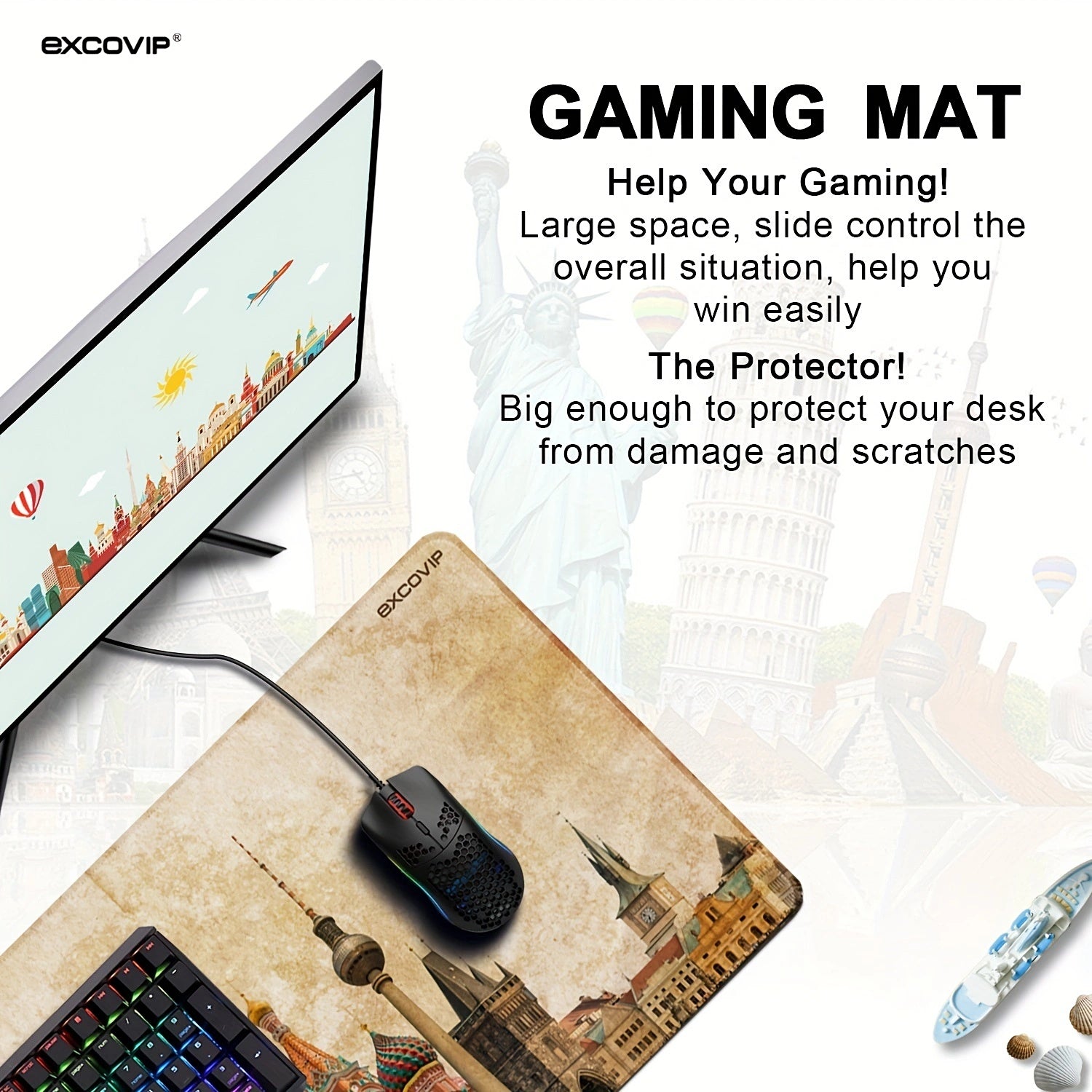 Large World Landmark Mouse Pad 80x30cm Non-Slip Desk Mat