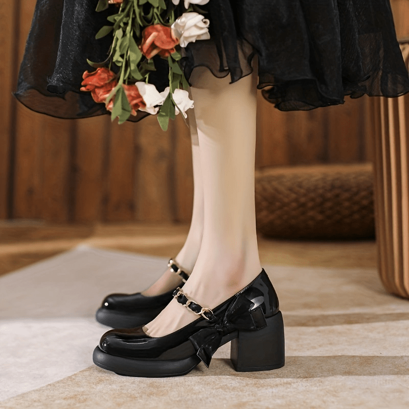 Women's Chunky Heeled Mary Jane Patent Leather Chain Strap Bowknot Shoes