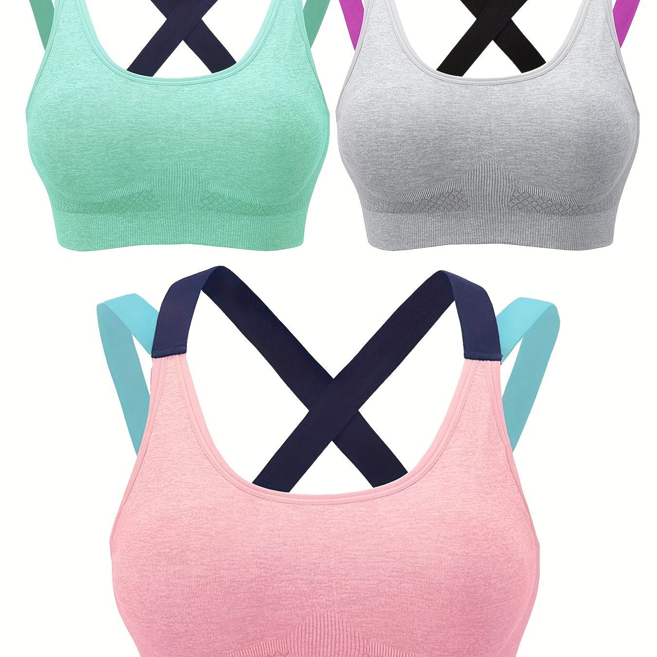 3pcs Colorblock Cross Sport Bras Stretchy Intimates Women's Lingerie