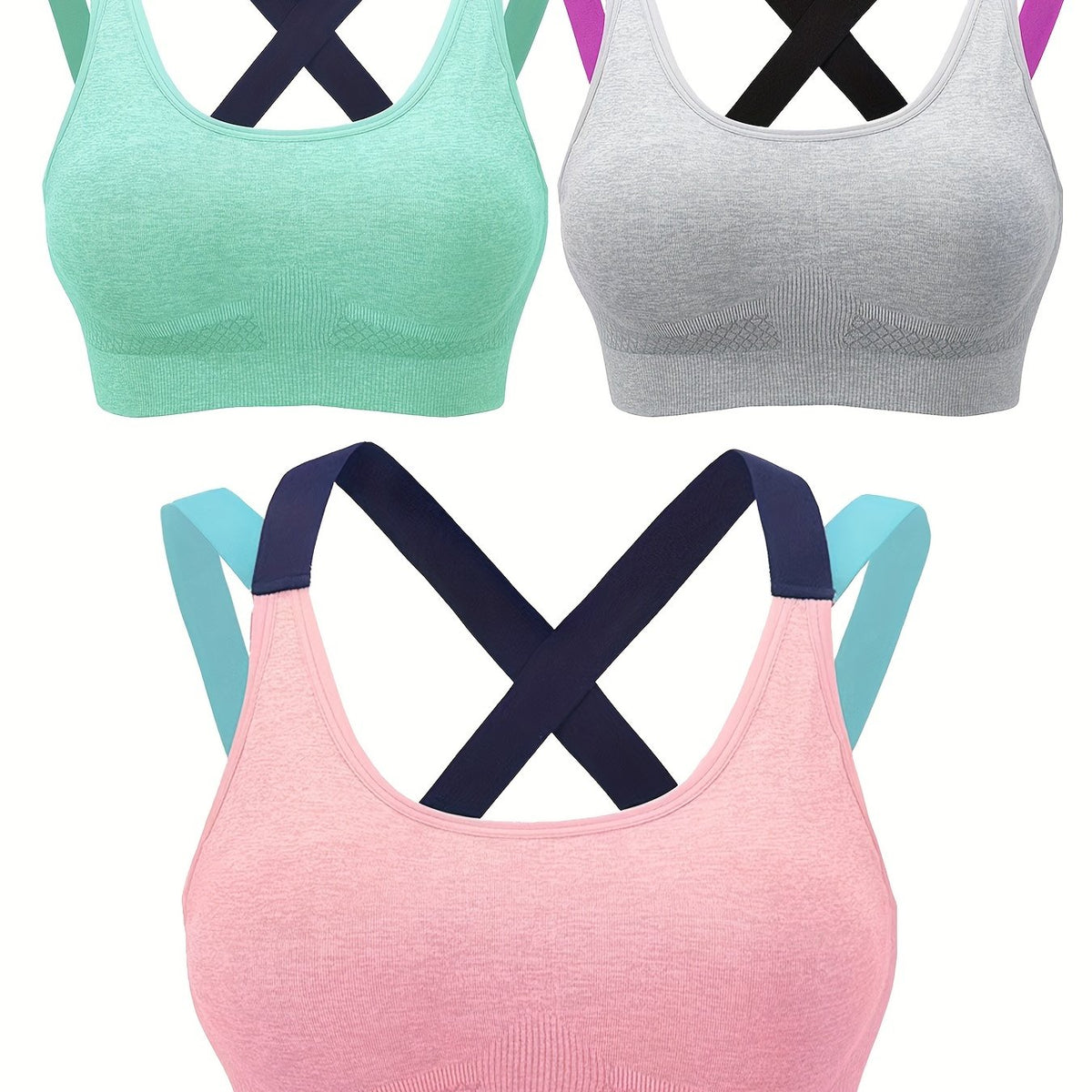 3pcs Colorblock Cross Sport Bras Stretchy Intimates Women's Lingerie