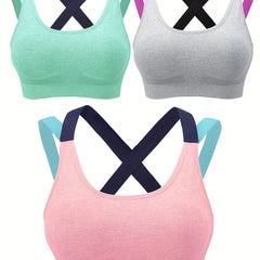 3pcs Colorblock Cross Sport Bras Stretchy Intimates Women's Lingerie