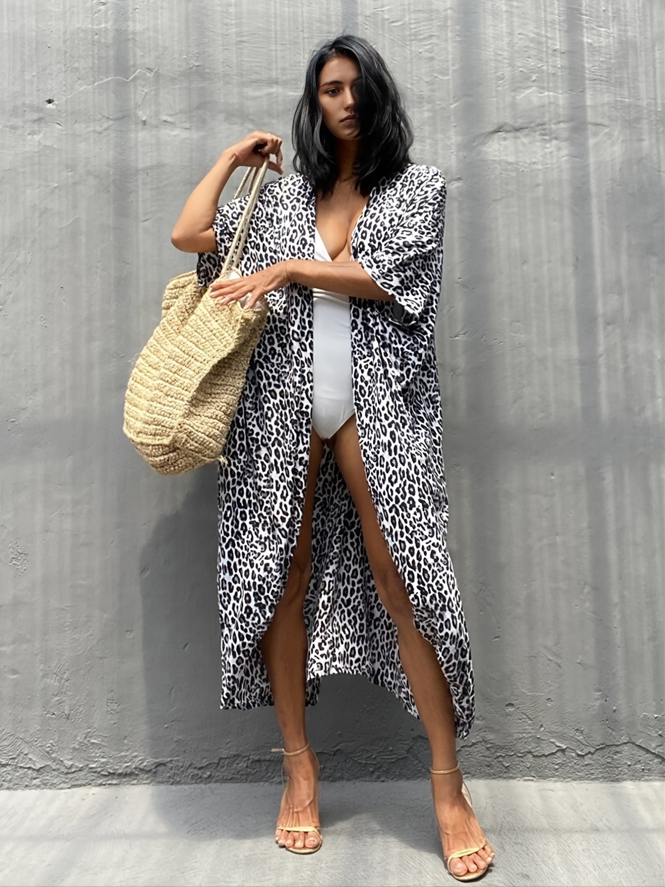 Leopard Print Cover Up Shirt V Neck Half Sleeve Loose Fit